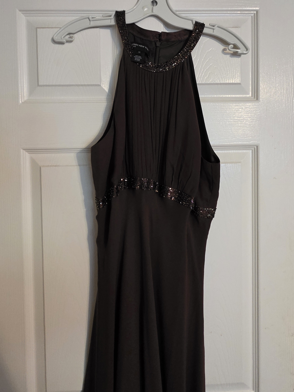 Jones New York Beaded Halter Evening Gown - Chocolate Brown